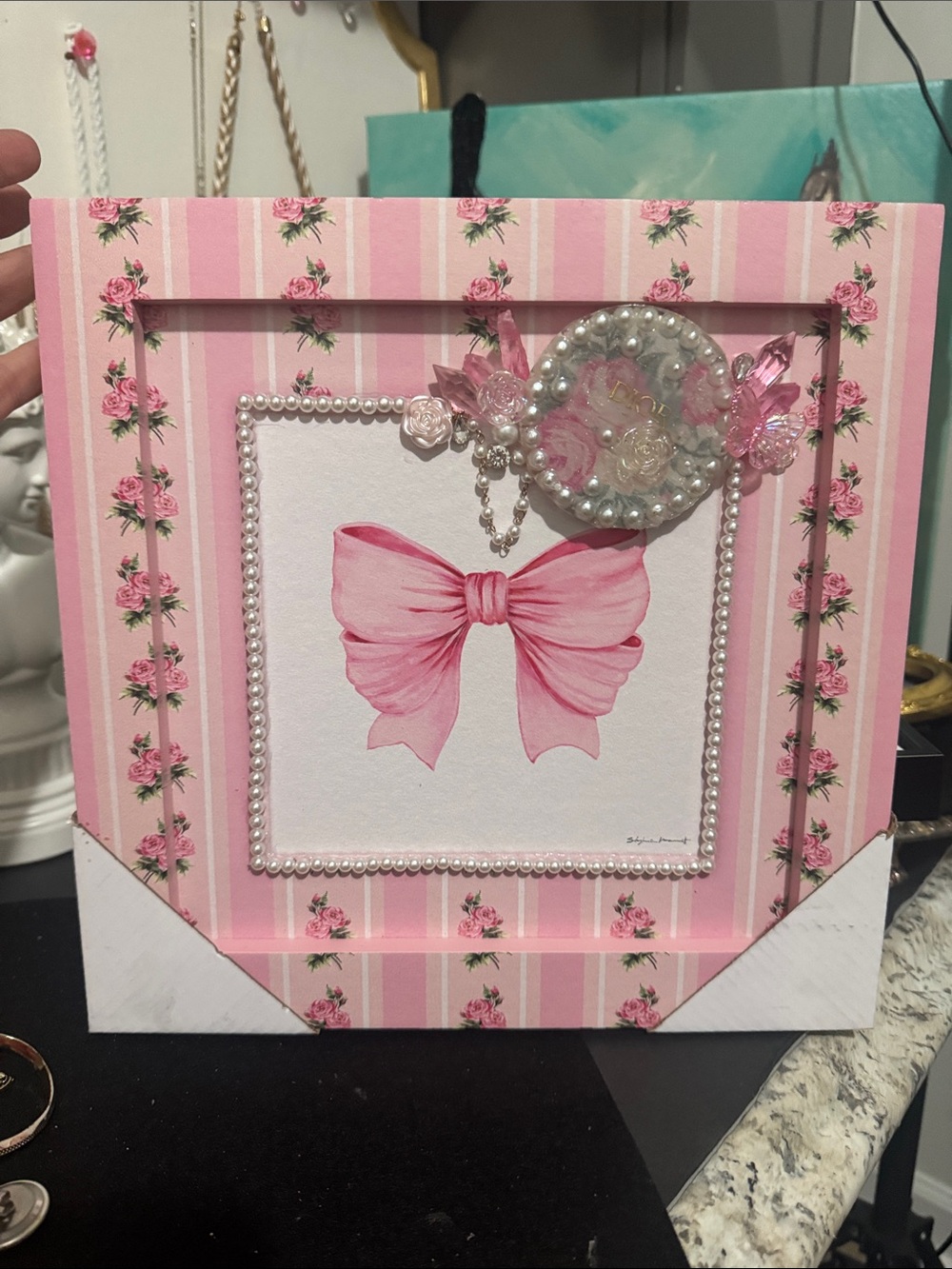 Pink Bow Floral Wall Art with Pearl Accents handmade w upcycled jewelry